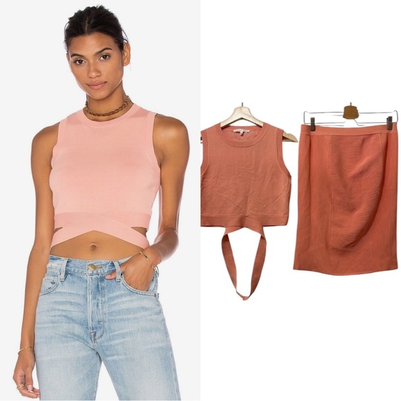 Endless Rose Coral Orange 2 Piece Cropped Top Fitted Pencil Skirt Size Large - Picture 11 of 12